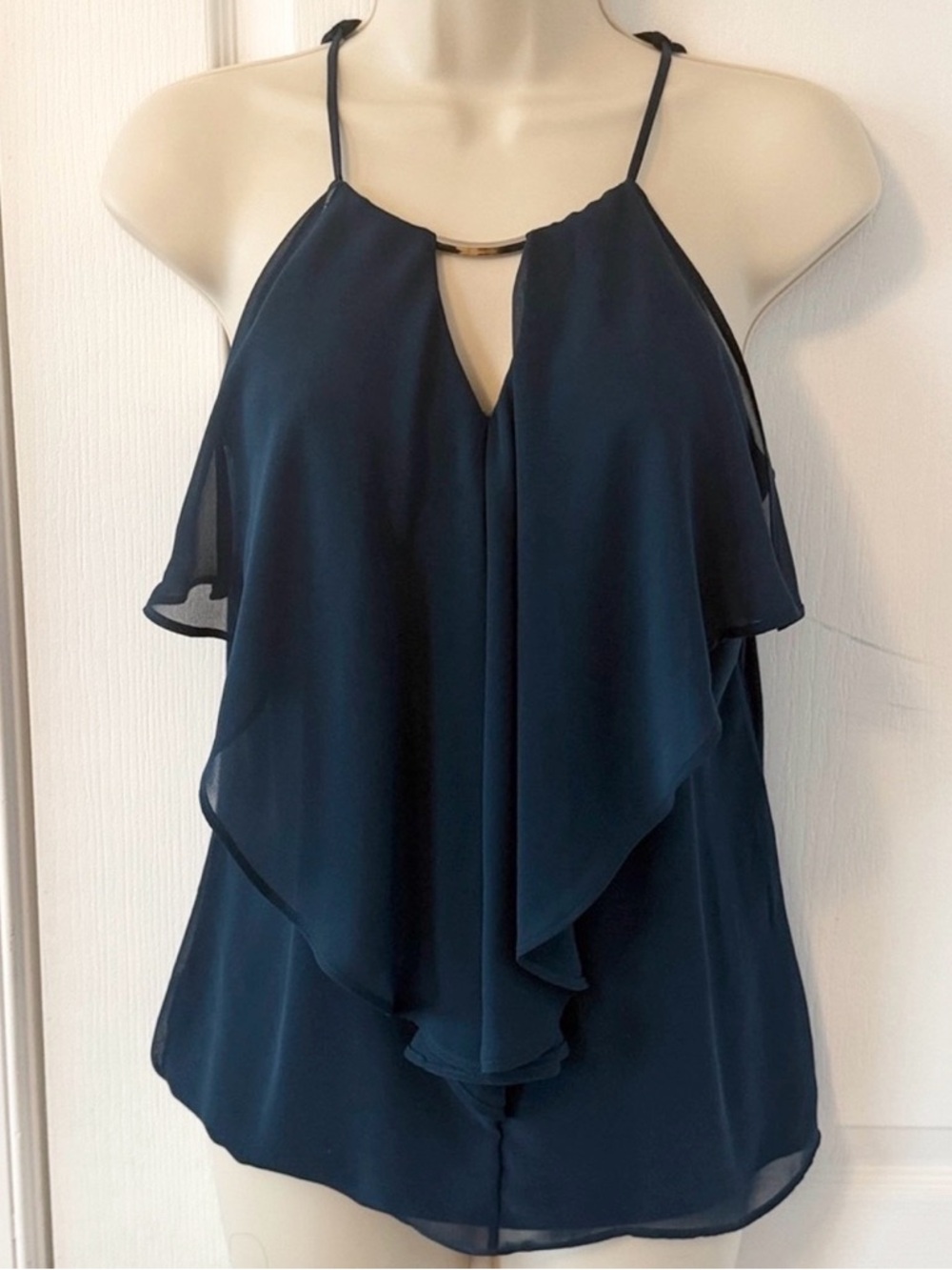 New York & Company Navy Chiffon Ruffle Tank Top XS